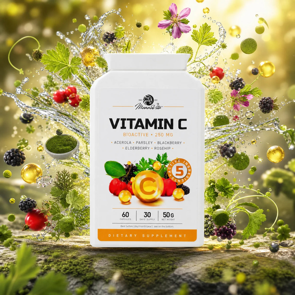 Mannavita Vitamin C kompleks • 250 mg bioaktivnega • 60 kapsul