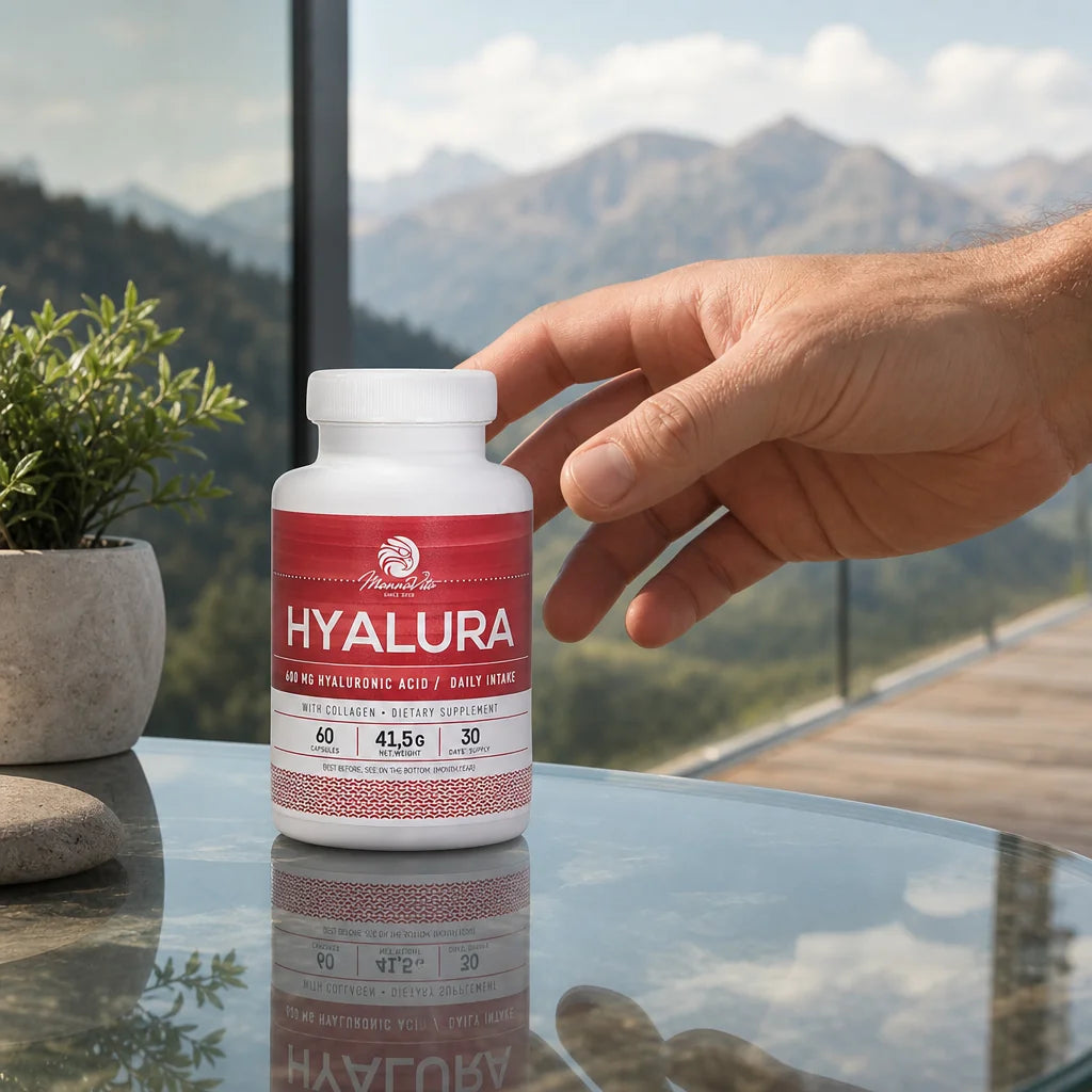 Hyalura 600 mg Hialuronske kisline + Kolagenske kapsule • 60 kos.